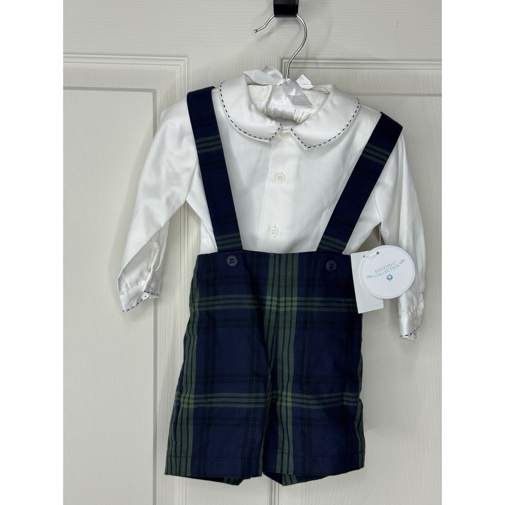 Edgehill Collection Boys 6M 2pc Shirt Blue/Green Plaid Shorts Set Formal NWT